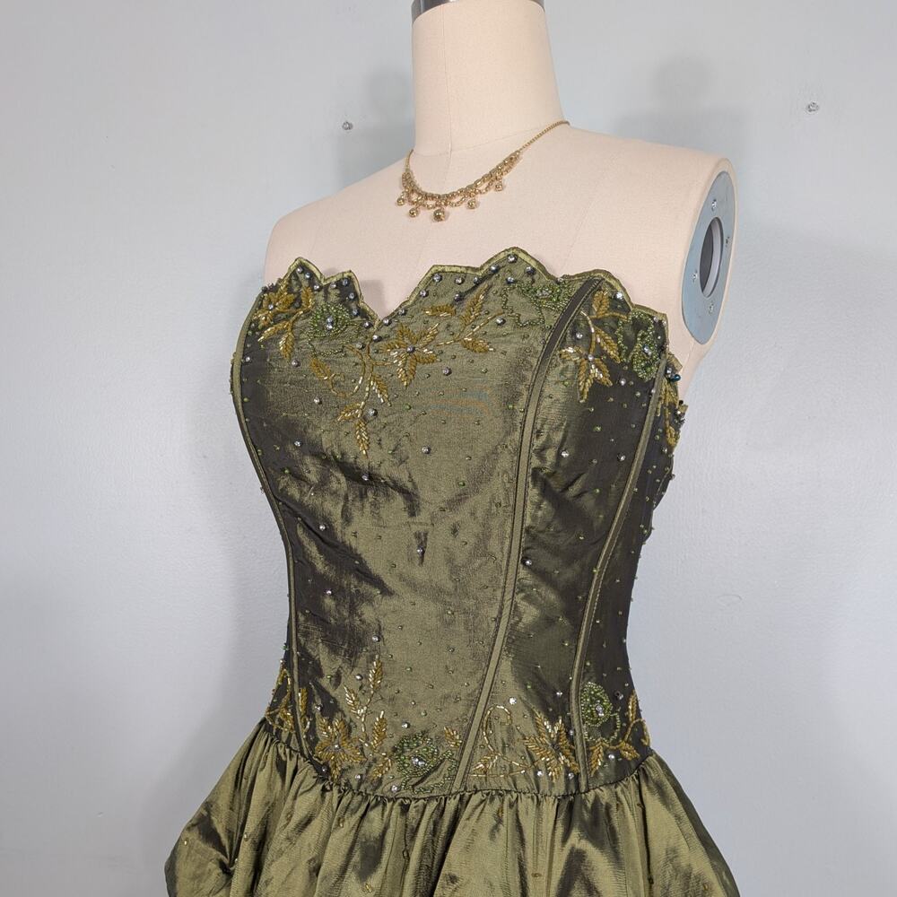 Vintage Prom Dress Maxi Gown 14 Olive Green Fairy Princess Goth Y2K Strapless - Picture 8 of 14